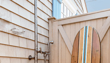 Outdoor shower of Amagansett Beach Shack custom Hamptons home by Gramercy Design